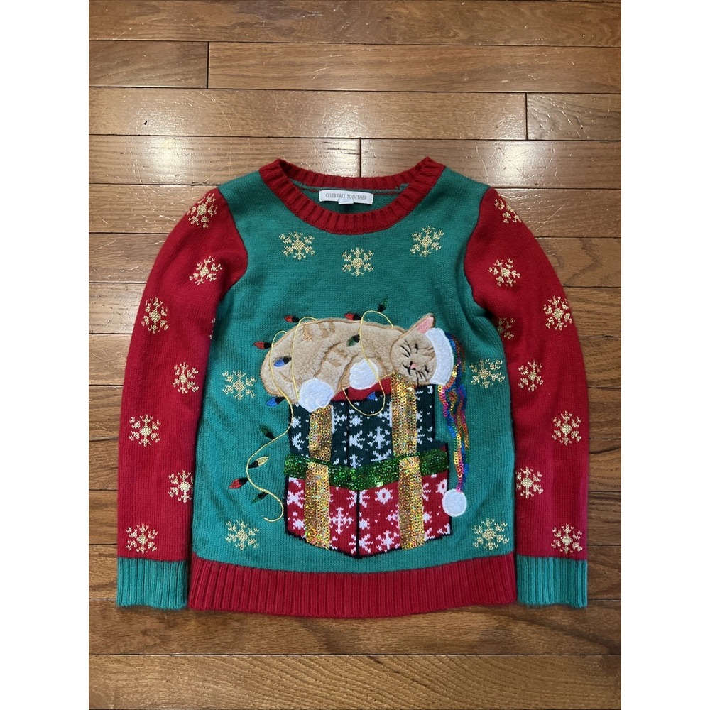 Girls M 8 Christmas Sweater Celebrate Together Cat Gifts Sequin Holiday Ugly